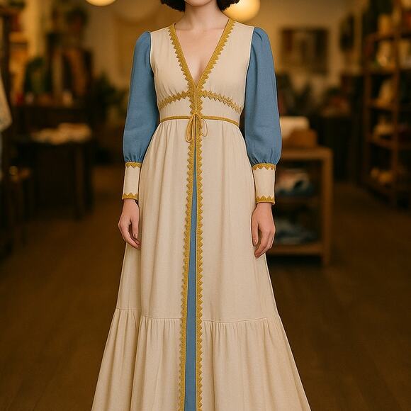 Ultra-Rare 1960s Made-In-California Prairie Maxi Cream-Blue Ric-Rac + Tag - Picture 1 of 13